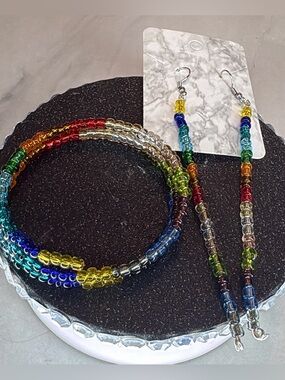 Multicolor Beaded glass wire wrap Bracelet and Earrings Set